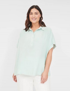 Women Lane Bryant Relaxed Short-Sleeve Button-Front Shirts Blue | KNA6920TB