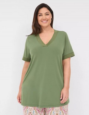 Women Lane Bryant Relaxed Short-Sleeve V-Neck Top T Shirts Brown Green | EYH3638SE