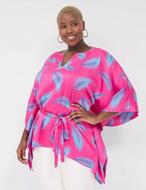 Women Lane Bryant Relaxed Split-Neck Kimono Top Blouse Pink Blue | NIV2146XU