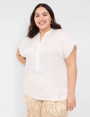 Women Lane Bryant Relaxed Split-Neck Popover Blouse White Rose | UWK7881FQ