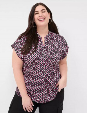 Women Lane Bryant Relaxed Split-Neck Popover Blouse Pink Black | LRW6870RE