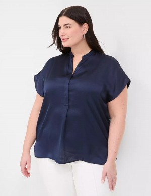 Women Lane Bryant Relaxed Split-Neck Popover Blouse Blue | YIG5475CY