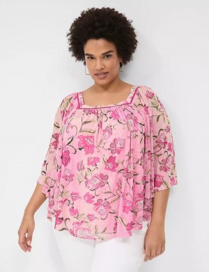 Women Lane Bryant Relaxed Square-Neck Trimmed Circle Drama Top Blouse Pink | VTN8230UQ