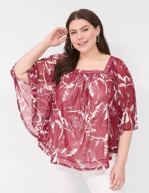 Women Lane Bryant Relaxed Square-Neck Trimmed Circle Drama Top Blouse Burgundy | KCQ729YN