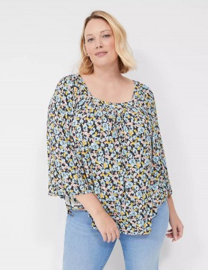 Women Lane Bryant Relaxed Square-Neck Trimmed Circle Drama Top Blouse Blue Coral | FLN2545KT