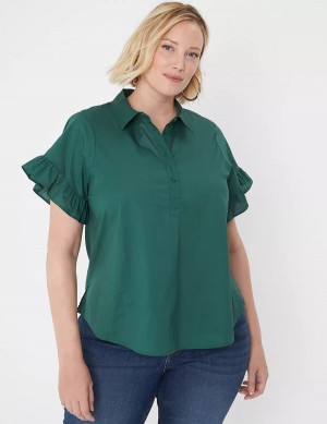 Women Lane Bryant Ruffle-Sleeve Button-Down Top T Shirts Green | OSU7532DE