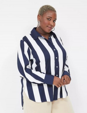 Women Lane Bryant Satin Easy Collared Stripe Button-Down Shirts Navy White Stripes | KEX8857HT