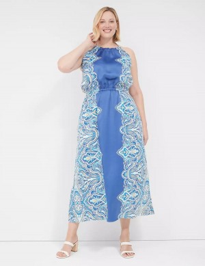 Women Lane Bryant Satin Halter-Neck Maxi Dress Blue | FJT4471XW