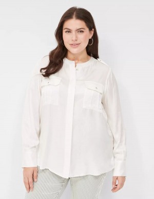 Women Lane Bryant Satin Long-Sleeve Button-Front Blouse White Rose | ZVN8962ZV