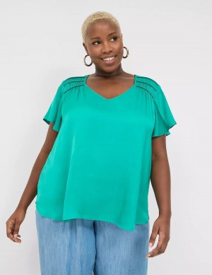 Women Lane Bryant Satin Smocked-Shoulder Blouse Light Turquoise | JYE627EL