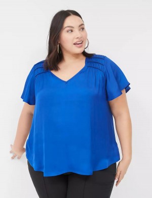 Women Lane Bryant Satin Smocked-Shoulder Blouse Blue | UFD2147UN