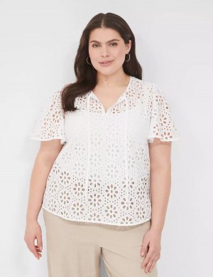 Women Lane Bryant Sheer Flutter-Sleeve Eyelet Top T Shirts White | NJN4120OL