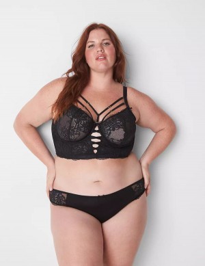 Women Lane Bryant Sheer Lace Unlined Longline Balconette Bra Black | AYL1269BD