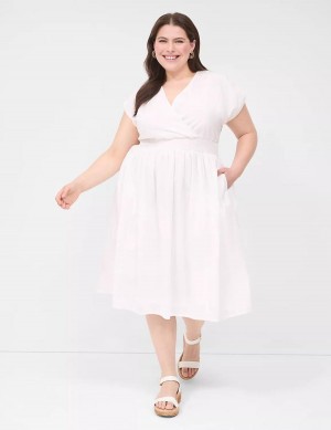 Women Lane Bryant Shirred-Shoulder Smocked-Waist Midi Dress White | RXA2031XQ