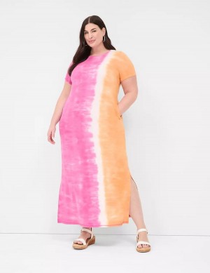 Women Lane Bryant Short-Sleeve Side-Slit Tie Dye Maxi Dress Pink Orange | HCM265WC