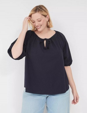 Women Lane Bryant Short-Sleeve Split-Neck Popover Blouse Blue | EIJ635SG