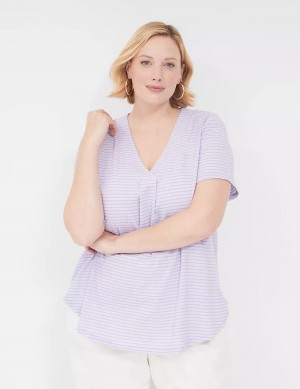 Women Lane Bryant Short-Sleeve V-Neck Top T Shirts Purple Stripes | AGA1797JD