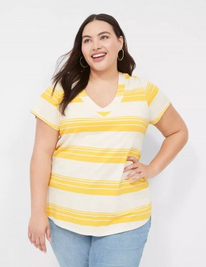 Women Lane Bryant Short Sleeve V-Neck Top T Shirts Yellow Stripes | VHM5445LW