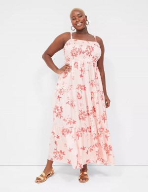 Women Lane Bryant Sleeveless Tiered Maxi Dress White Pink | EYJ8318IX