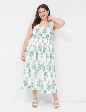 Women Lane Bryant Smocked-Bodice Midi Dress White Green | POH7356TI