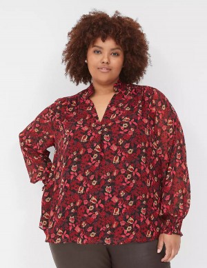 Women Lane Bryant Smocked-Shoulder Popover Blouse Red | ZCL5546KK