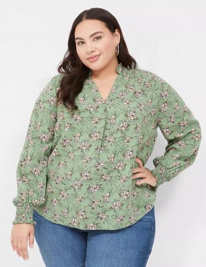 Women Lane Bryant Smocked Shoulder & Cuff Popover Blouse Green | NGO985ZF