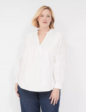 Women Lane Bryant Split-Neck Eyelet & Knit Blouse White | GAD4073QK