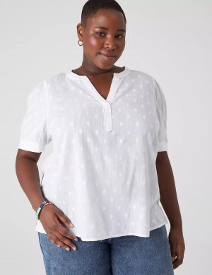 Women Lane Bryant Split-Neck Jacquard Popover Blouse White | XTU7880OG