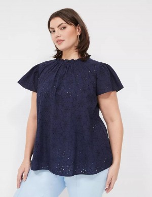 Women Lane Bryant Subtle Swing Cap Ruffle-Sleeve Eyelet & Knit Top T Shirts Blue | ZUA315LY