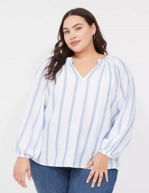 Women Lane Bryant Swing-Sleeve Popover Blouse Blue Stripes | LUL652VH