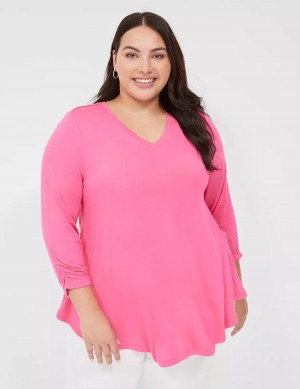 Women Lane Bryant Swing 3/4 Ruched-Sleeve Top T Shirts Fuchsia | EBC8212ZC