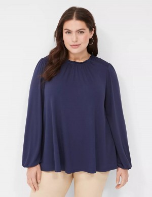 Women Lane Bryant Swing Crew-Neck Smocked-Shoulder Top Blouse Blue | YBG1071EX