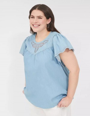 Women Lane Bryant Swing Eyelet-Trim Popover Blouse Blue | WSS9738WA