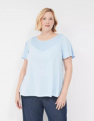 Women Lane Bryant Swing Flutter-Sleeve Smocked-Yoke Top T Shirts Blue | OOR3428XT