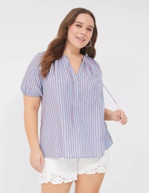 Women Lane Bryant Swing Short-Sleeve Notch-Neck Blouse Blue Stripes | YCE4028WA