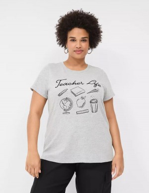 Women Lane Bryant Teacher Life Graphic Tee T Shirts Light Grey | CGZ426EY