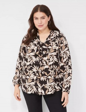 Women Lane Bryant Tie-Neck Popover Blouse Cream Brown Black | XLE441KH