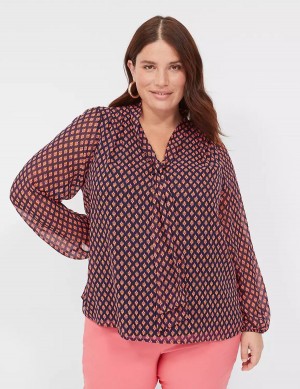 Women Lane Bryant Tie-Neck Popover Blouse Black Red | YWZ7838WF