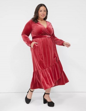 Women Lane Bryant Tiered Wrap Velvet Midi Dress Dark Red | VGR5180PE