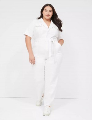 Women Lane Bryant Utility Straight Leg Denim Jumpsuit White | HTV3961SK