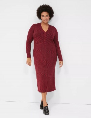 Women Lane Bryant V-Neck Rib Sweater Midi Dress Dark Red | LRU6259ZP