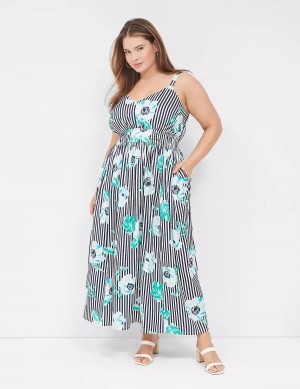 Women Lane Bryant V-Neck Ruched-Waist Maxi Dress Navy Stripes | HED7162GV