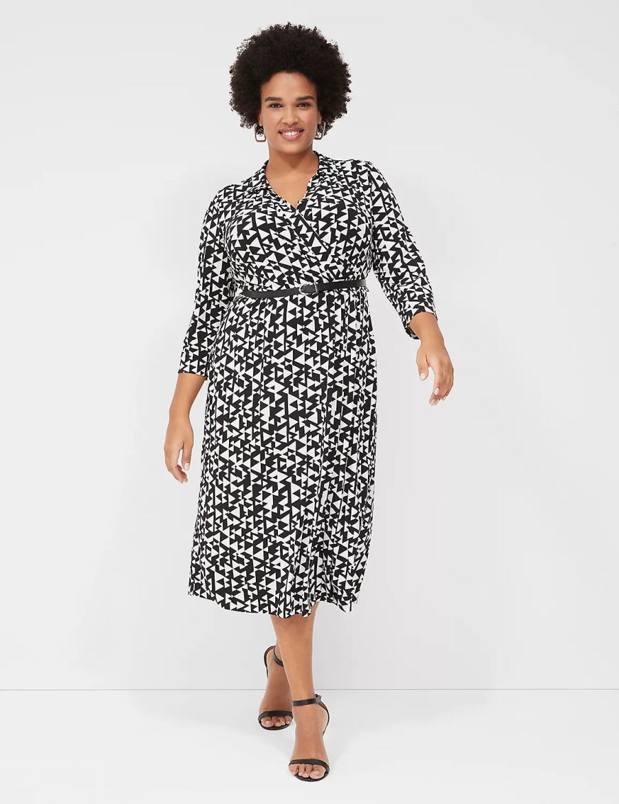 Women Lane Bryant 3/4-Sleeve Collar Faux-Wrap Jersey Midi Dress Black | HLC8247UY