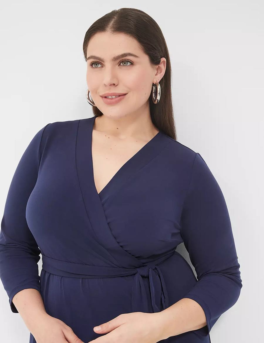 Women Lane Bryant 3/4-Sleeve Faux-Wrap Jersey Midi Dress Blue | TMP1373SU