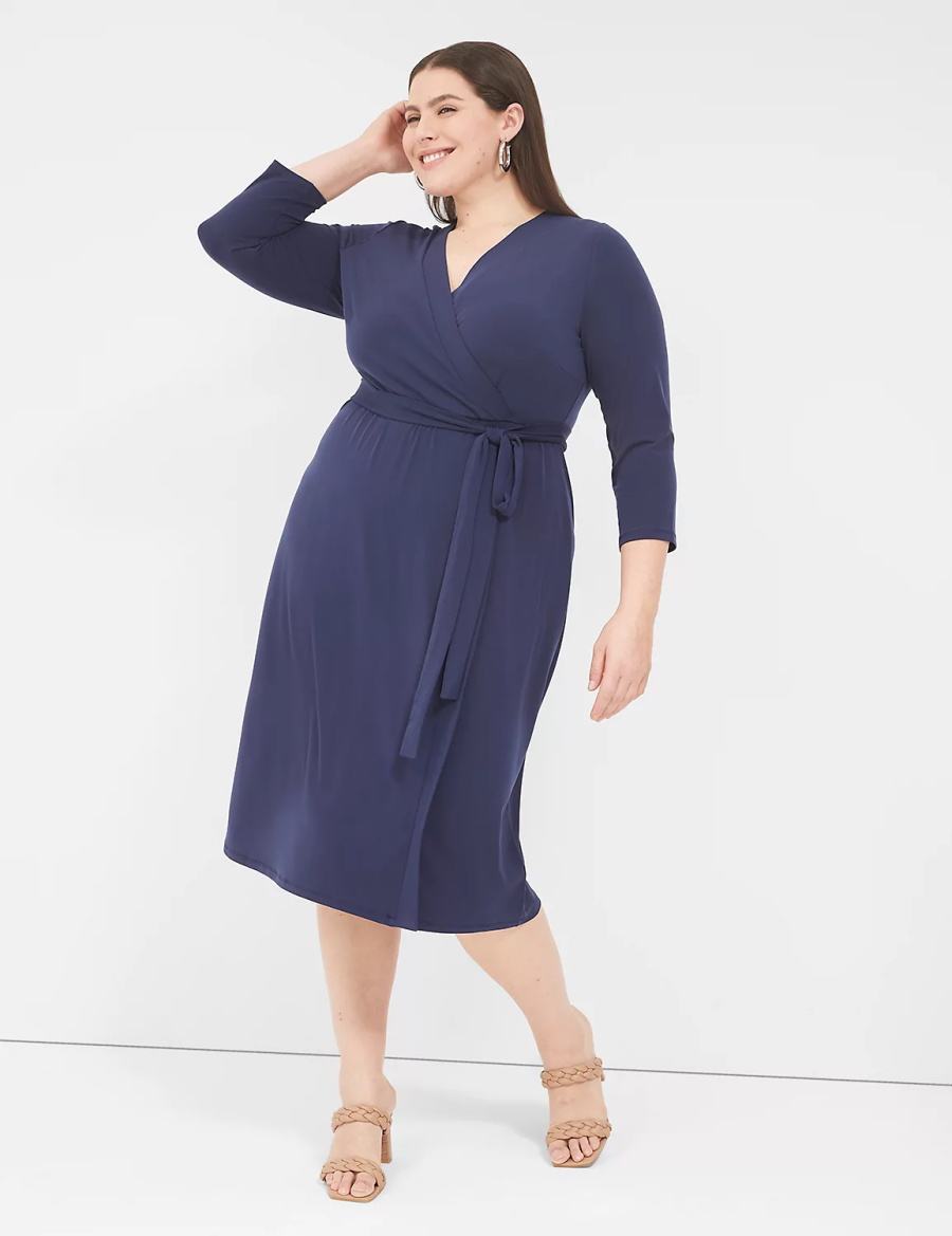 Women Lane Bryant 3/4-Sleeve Faux-Wrap Jersey Midi Dress Blue | TMP1373SU