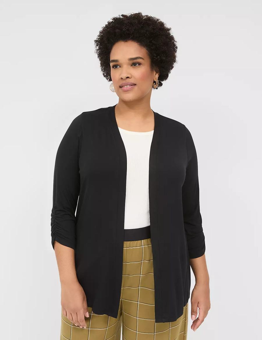 Women Lane Bryant 3/4 Ruched-Sleeve Open-Front Overpiece Robe Black | WMH8684KX