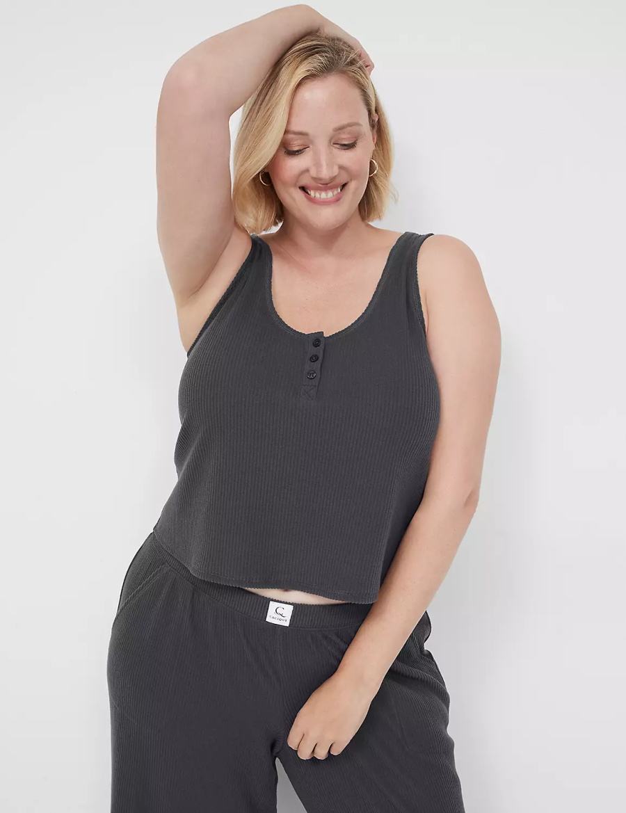 Women Lane Bryant Brushed Rib Henley Sleep Tanks Dark Grey | ZPB6258PY