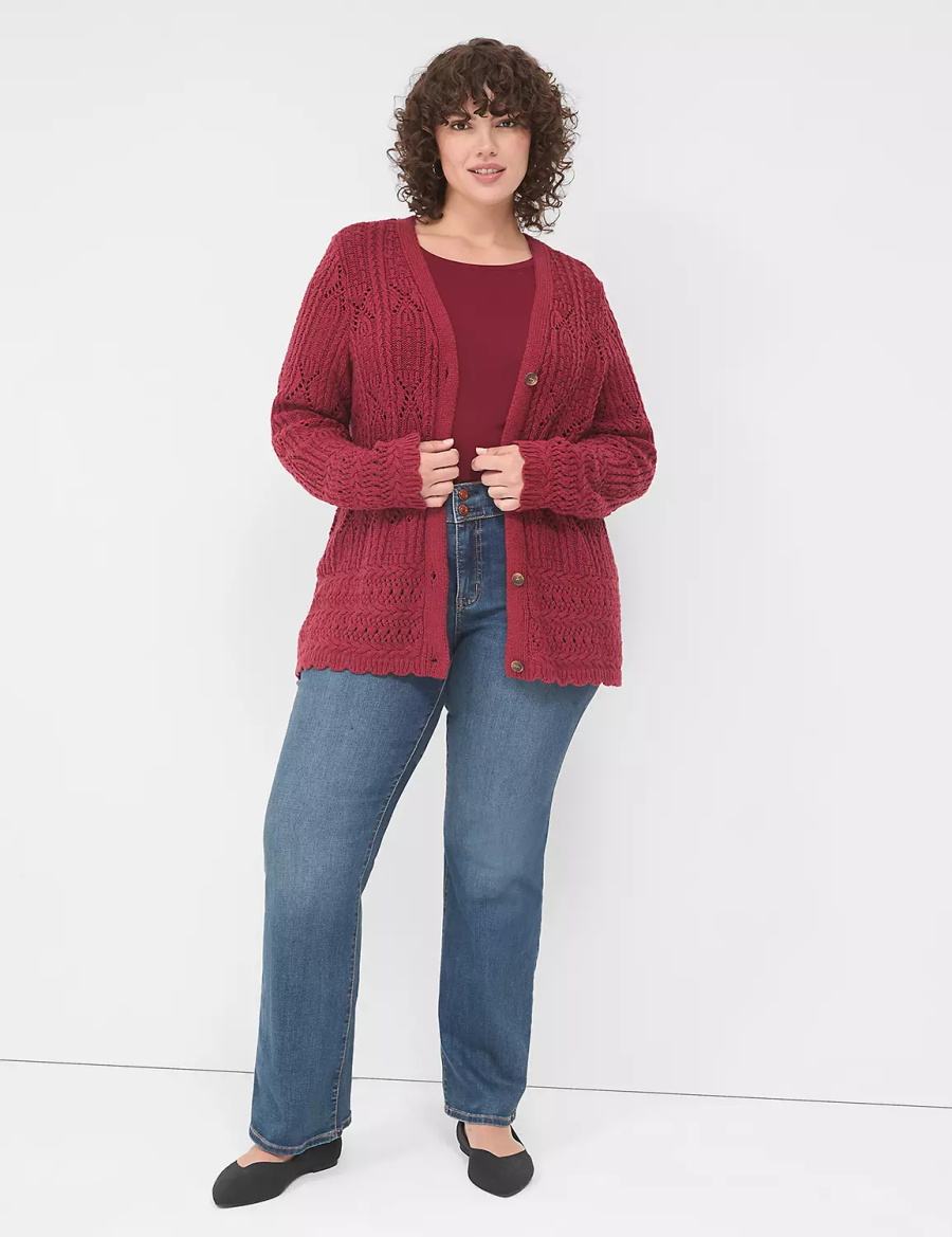 Women Lane Bryant Button-Front Pointelle Cardigan Deep Red | BPT4119HO