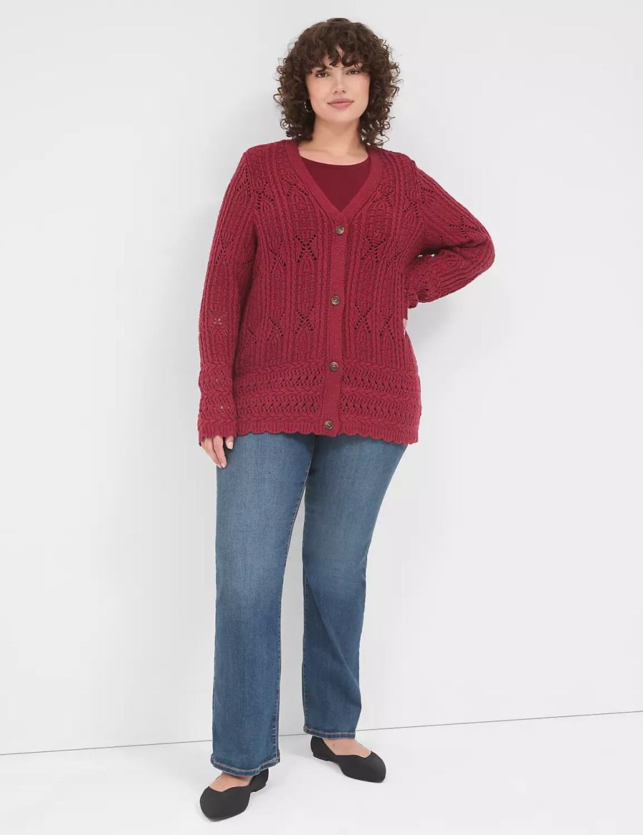 Women Lane Bryant Button-Front Pointelle Cardigan Deep Red | BPT4119HO