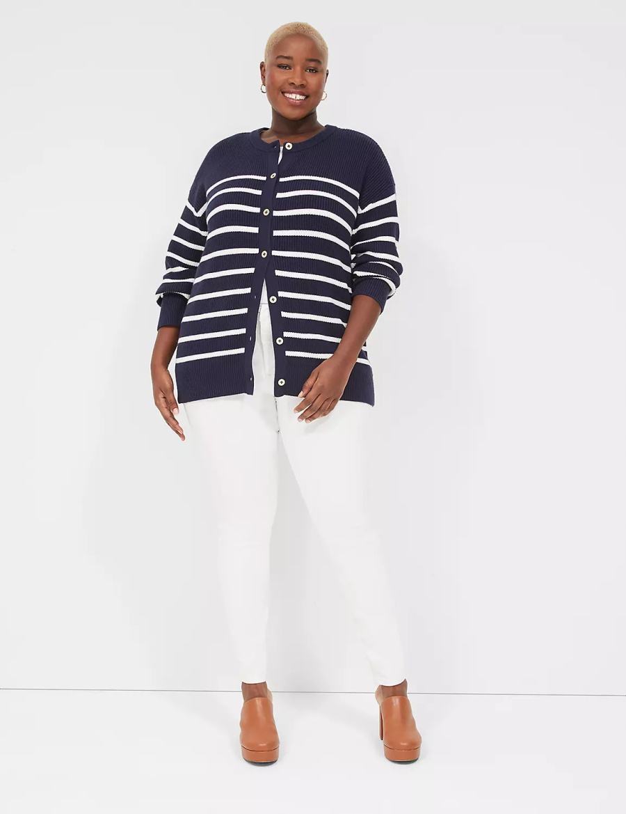 Women Lane Bryant Button-Front Stripe Cardigan Blue | BGF529ZO